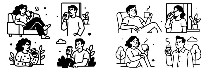 Minimalist black and white line art characters of men and women relaxing with hot coffee or tea indoors and outdoors