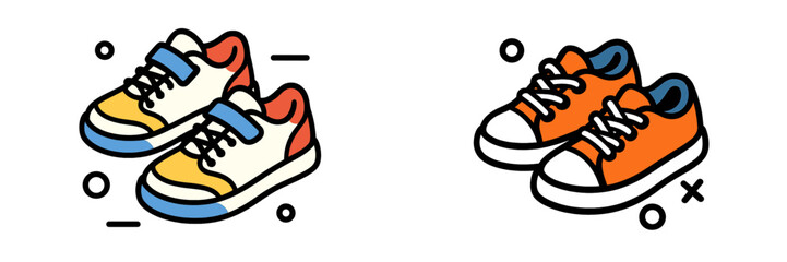 Modern icon set of two pairs of colorful sneakers isolated on a white background, featuring athletic shoes with laces and velcro