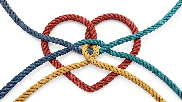  Strength In Connection and Unity of love partnership as diverse ropes shaped as a heart in a group of different intertwined strings connected together shaped as a support symbol of belonging inclusiv