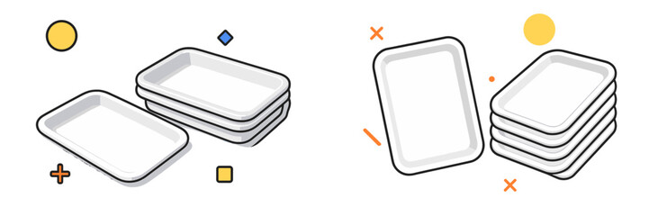 Set of empty white styrofoam food trays for packaging meat or produce isolated on a white background with abstract geometric shapes