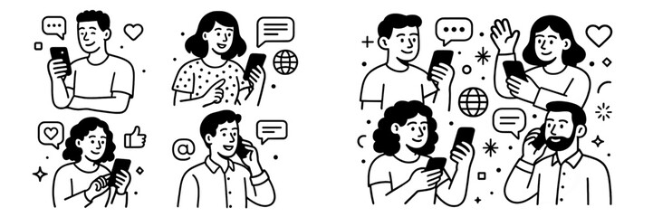 Set of diverse people using smartphones for social media communication and messaging in a black and white line art style