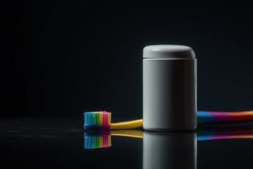 Vibrant rainbow toothbrush and sleek white container create modern dental care aesthetic