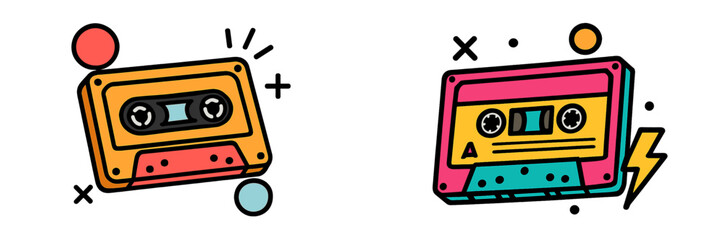 Two colorful retro cassette tapes in a fun 80s pop art style with abstract geometric shapes and a lightning bolt