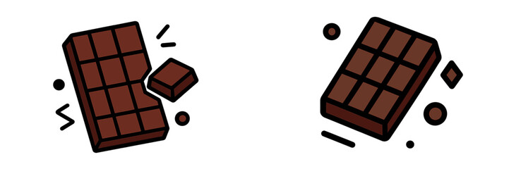 Set of two chocolate bar icons with a thick outline, one broken piece and one whole bar, isolated on a white background