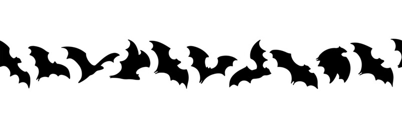 Black vampire bats in seamless horizontal border, isolated on white. Ideal for Halloween party decor, spooky web headers, mailing lists, and creepy seasonal graphic design projects
