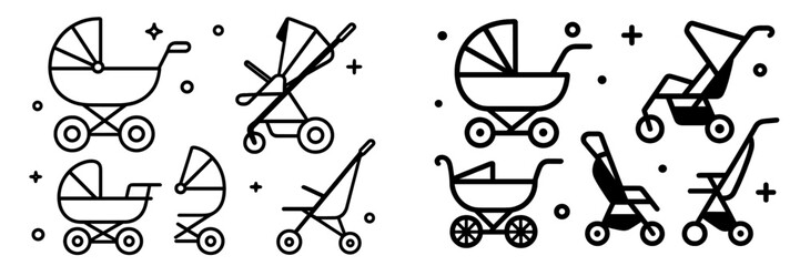 Collection of baby stroller and pram icons in line art and silhouette styles for newborn and toddler transportation designs