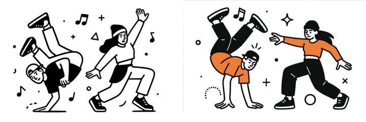 Dynamic characters in modern streetwear performing breakdance and hip hop dance moves in a minimalist style
