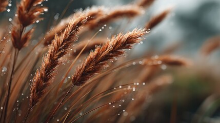 Delicate Meadow Grass Adorned with Dewdrops Gleaming in the Early Morning Light