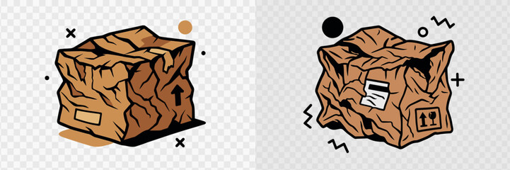 Damaged and crumpled cardboard shipping boxes isolated on a transparent background with abstract design elements