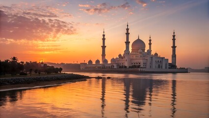 Naklejka premium Stunning mosque at sunrise over the sea.