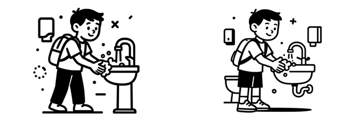 Black and white icon set of a young school boy with a backpack washing his hands with soap and water in a bathroom sink for good hygiene