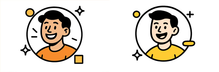 Two happy young man cartoon character icons for profile avatar or user interface design with geometric elements
