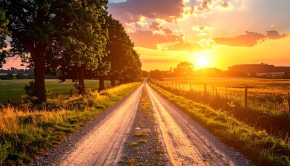 Obraz premium A serene country road bathed in the warm, golden light of a setting sun, leading towards the horizon amidst lush trees and open fields