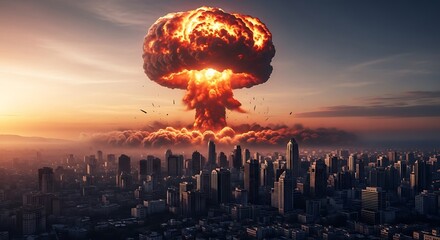 A nuclear explosion over a city, with an orange mushroom cloud rising above the skyline, depicting the devastating consequences of atomic warfare