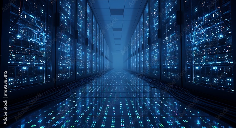 Poster endless server room corridor with glowing lights and reflections in a futuristic data center