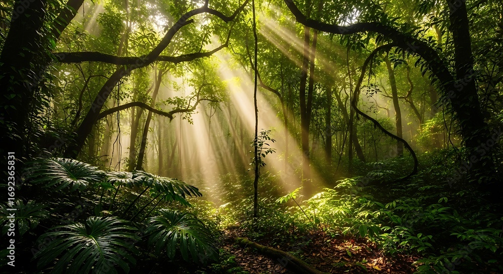 Poster sunlight filters through the dense canopy of a lush green forest, creating a scene of tranquility