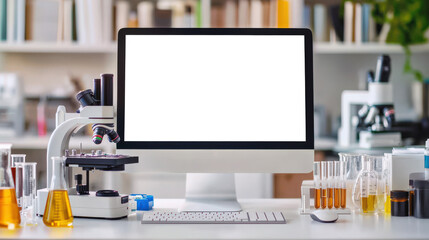 Computer monitor mockup. A personal computer stands in the office of the chemical laboratory on a table covered with various chemicals and equipment