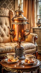 Photo of antique copper samovar with ornate details, set for tea with cups and fruit on a small wooden table in a richly decorated room with a plush armchair and window view