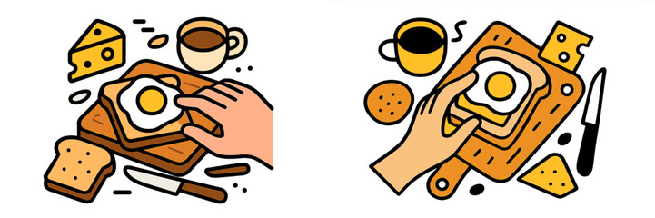 Hand preparing a breakfast sandwich with fried egg on toast, served alongside a fresh cup of coffee and cheese on a cutting board