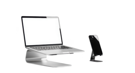 Modern laptop and smartphone on a sleek stand for a clean tech setup transparent background