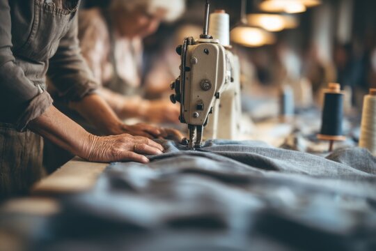 Seamstresses Collaborate to Cut Fabric in a Busy Workshop Setting Generative AI - Powered by Adobe