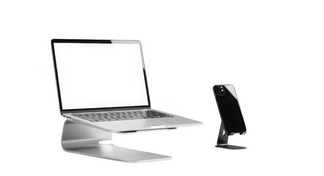 Modern laptop and smartphone on a sleek stand for a clean tech setup transparent background