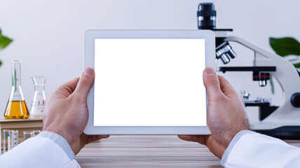Close-up of a scientist in a white lab coat holding a tablet in his hands. Mockup of a tablet for advertising the medical laboratory website