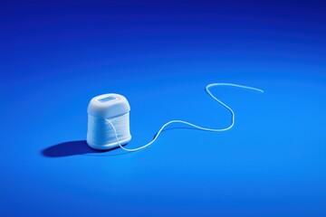 Professional dental floss spool unwound on a vibrant blue background, emphasizing oral hygiene