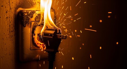 Electrical fire hazard a dangerous situation with flames erupting from an outlet, highlighting the risk of short circuits and the importance of safety