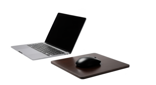 Modern laptop and computer mouse on sleek tablet display transparent background