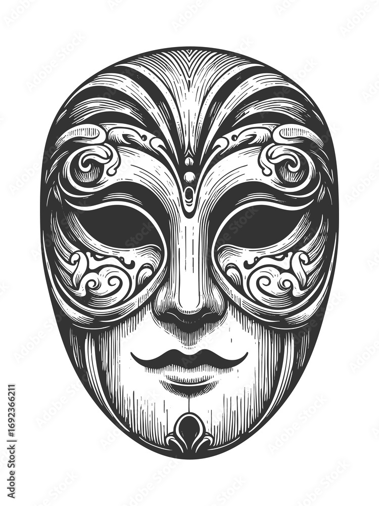 Poster haunting jester-style mask with flowing ribbon-like extensions, carved features, and a gothic myster