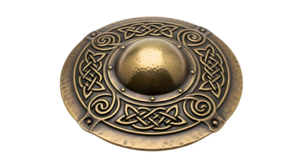 Bronze shield with celtic knot isolated on transparent background, a symbol of ancient warrior culture, protection, and intricate artistic design