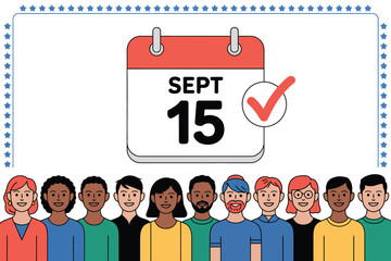 Illustration of calendar marked september fifteenth with diverse group of people underneath it