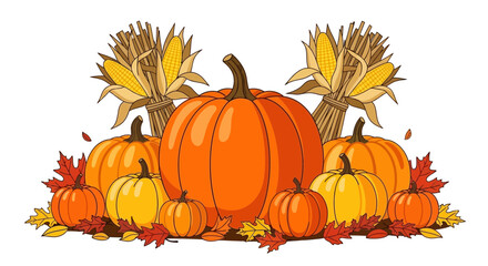 Autumn harvest display with pumpkins, corn stalks, and colorful fall leaves