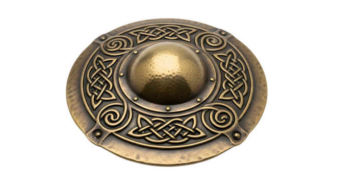 Bronze shield with celtic knot isolated on transparent background, a symbol of ancient warrior culture, protection, and intricate artistic design