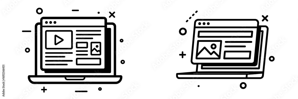 Poster laptop icon set with website user interface design for web development and online media concept in b