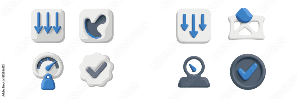 Poster modern volumetric 3d icons for user interface design with download arrows, verification checkmarks, 