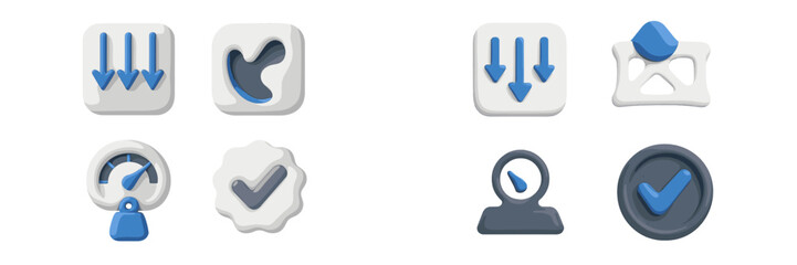 Modern volumetric 3D icons for user interface design with download arrows, verification checkmarks, and pressure gauge symbols on a white background