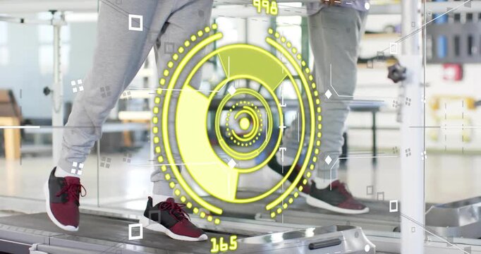 Man stepping onto treadmill and gripping support bars while animated metrics tracking rehab session