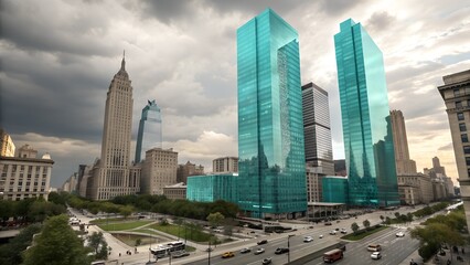 Obraz premium Teal Glass Skyscrapers with Cityscape.