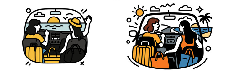 Set of two icons showing female friends traveling by car to a tropical beach destination for a summer holiday road trip