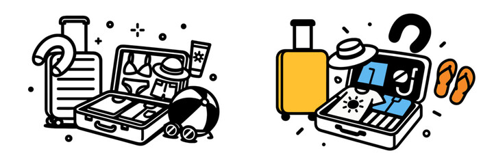 Graphic icons of packing a suitcase for summer vacation with beach clothes and travel accessories like a hat, sunscreen, and flip-flops, shown in two styles