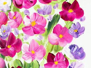 Pink and purple abstract flowers on blue, original hand drawn, impressionism style, color texture, brush strokes of paint, art background.