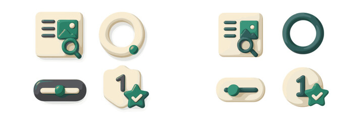 3D user interface icon set with search, loading, toggle switch, and achievement badge elements for web and mobile applications
