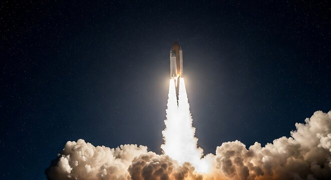 A powerful rocket soars into the night sky, propelled by fiery engines, symbolizing humanitys ambition to explore the vast expanse of the cosmos