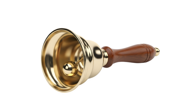 Shiny golden hand bell isolated on transparent background, featuring a wooden handle, polished surface, and classic design, perfect for signaling or decoration
