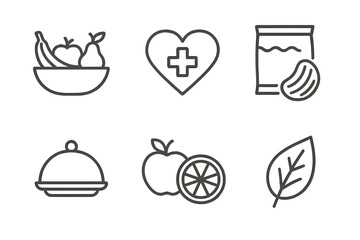 Outlined icons: fruits, heart health, snacks, dining, apple slice, leaf