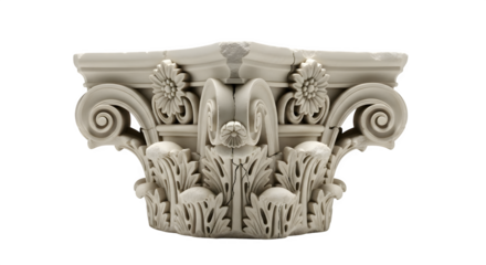 Detailed architectural capital isolated on transparent background, showcasing intricate carvings, scrolls, and floral motifs, representing classical design and craftsmanship
