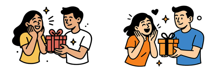 Two cartoon scenes of a man giving a surprise gift box to his happy girlfriend or wife for a birthday or anniversary celebration