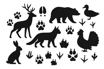 Collection of black animal silhouettes and footprints including deer, bear, fox, rabbit, duck, and rooster tracks isolated on a white background